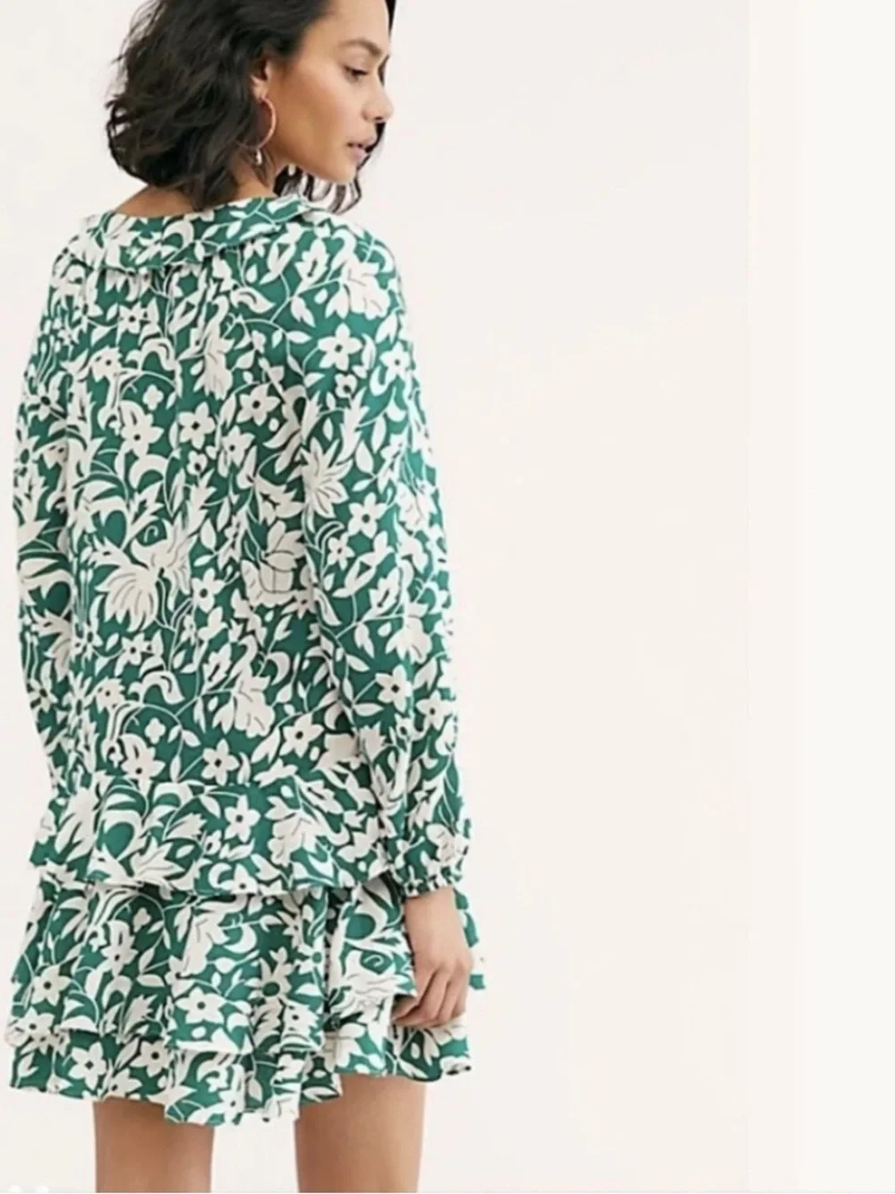 Free People XS Emerald Green & White Floral Ruffle Mini Dress NWT